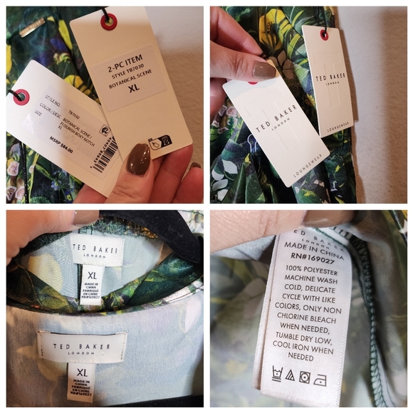 NWT Ted Baker Satin 2 Piece Pajama Set Boxy Green Botanical Birds Size XL - Picture 3 of 16